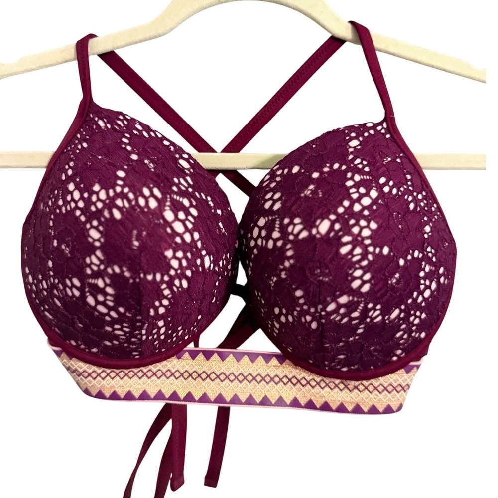Shade & Shore Burgundy Lace Bikini Top Bralette Strappy Back Size 34DD